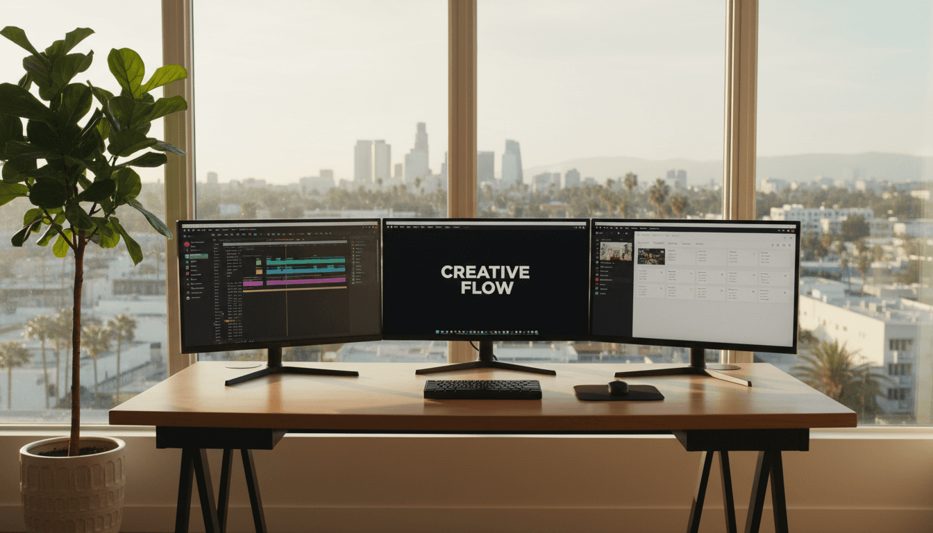 Organized media management workspace with monitors and content calendar