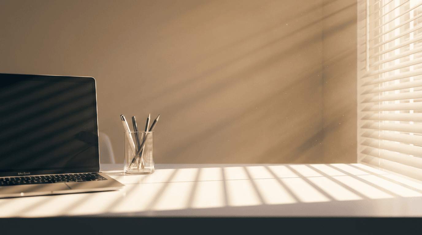 Organized media production desk with laptop and camera equipment in a sunlit office